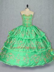 Glittering Green Sweetheart Neckline Embroidery and Ruffled Layers Quinceanera Gown Sleeveless Lace Up