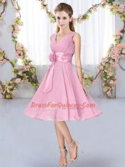 Comfortable V-neck Sleeveless Chiffon Court Dresses for Sweet 16 Hand Made Flower Lace Up