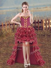 Fabulous Burgundy Ball Gowns Sweetheart Sleeveless Organza High Low Lace Up Embroidery and Ruffles Prom Dress