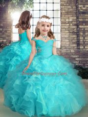 High Low Aqua Blue Pageant Gowns For Girls Organza Sleeveless Beading and Ruffles