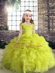 Eye-catching Sleeveless Floor Length Beading and Ruffles and Pick Ups Lace Up Pageant Dresses with Yellow Green