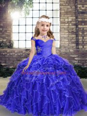 Beading and Ruffles Little Girls Pageant Dress Blue Lace Up Sleeveless Floor Length