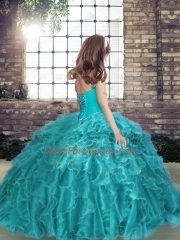 Beading and Ruffles Little Girls Pageant Dress Blue Lace Up Sleeveless Floor Length