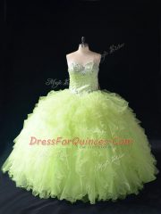 Custom Designed Tulle Sweetheart Sleeveless Lace Up Beading and Ruffles Ball Gown Prom Dress in Yellow Green