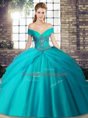 Glorious Teal Tulle Lace Up Off The Shoulder Sleeveless 15 Quinceanera Dress Brush Train Beading and Pick Ups