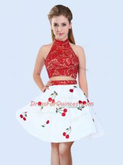 Charming Sleeveless Mini Length Lace and Pattern Lace Up Court Dresses for Sweet 16 with White And Red