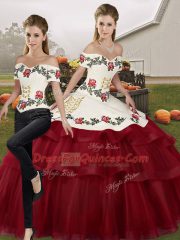 Adorable Sleeveless Tulle Brush Train Lace Up Vestidos de Quinceanera in Wine Red with Embroidery and Ruffled Layers