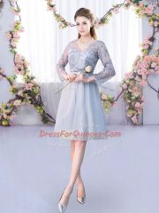 Most Popular Grey Lace Up V-neck Lace and Belt Vestidos de Damas Tulle Long Sleeves