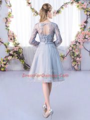 Most Popular Grey Lace Up V-neck Lace and Belt Vestidos de Damas Tulle Long Sleeves