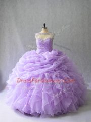 Lovely Lavender Ball Gowns Organza Scoop Sleeveless Beading and Ruffles Lace Up Vestidos de Quinceanera Brush Train
