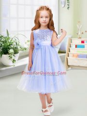 Colorful Sleeveless Zipper Tea Length Sequins and Hand Made Flower Flower Girl Dress