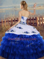 Royal Blue Sleeveless Floor Length Embroidery and Ruffled Layers Lace Up Quinceanera Dresses