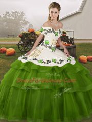 Brush Train Ball Gowns Quince Ball Gowns Olive Green Off The Shoulder Tulle Sleeveless Lace Up