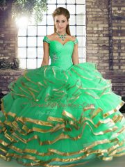 Off The Shoulder Sleeveless Tulle Vestidos de Quinceanera Beading and Ruffled Layers Lace Up