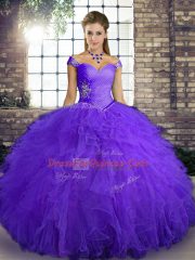 Purple Lace Up Off The Shoulder Beading and Ruffles Sweet 16 Dress Tulle Sleeveless
