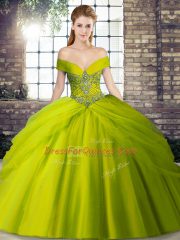 Superior Olive Green Off The Shoulder Neckline Beading and Pick Ups 15th Birthday Dress Sleeveless Lace Up