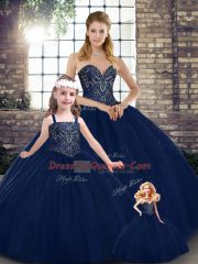 Flare Sleeveless Tulle Floor Length Lace Up Ball Gown Prom Dress in Navy Blue with Beading