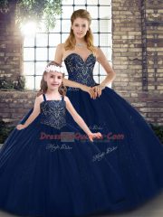 Flare Sleeveless Tulle Floor Length Lace Up Ball Gown Prom Dress in Navy Blue with Beading