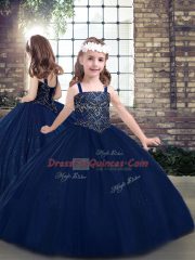 Flare Sleeveless Tulle Floor Length Lace Up Ball Gown Prom Dress in Navy Blue with Beading