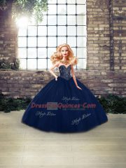 Flare Sleeveless Tulle Floor Length Lace Up Ball Gown Prom Dress in Navy Blue with Beading