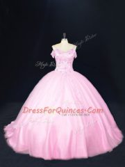 Baby Pink Lace Up Quinceanera Dress Beading Sleeveless Court Train
