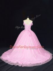 Baby Pink Lace Up Quinceanera Dress Beading Sleeveless Court Train