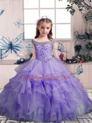 Lavender Organza Lace Up Off The Shoulder Sleeveless Floor Length Little Girls Pageant Gowns Beading and Ruffles