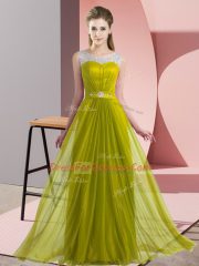 Fitting Floor Length Lace Up Court Dresses for Sweet 16 Olive Green for Wedding Party with Beading