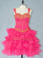 Hot Pink Ball Gowns Beading and Ruffled Layers Prom Evening Gown Lace Up Organza Sleeveless Mini Length
