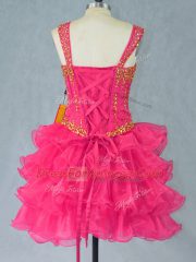 Hot Pink Ball Gowns Beading and Ruffled Layers Prom Evening Gown Lace Up Organza Sleeveless Mini Length