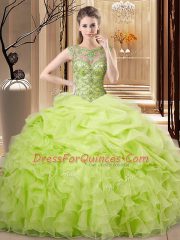 Yellow Green Organza Lace Up Scoop Sleeveless Floor Length Sweet 16 Quinceanera Dress Beading and Ruffles and Pick Ups
