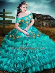 Ball Gowns Sweet 16 Quinceanera Dress Aqua Blue Off The Shoulder Organza Sleeveless Floor Length Lace Up