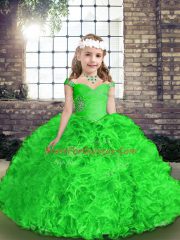 Beading and Ruffles Little Girls Pageant Dress Green Lace Up Sleeveless Floor Length