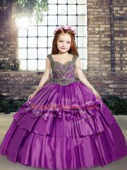 Purple Straps Neckline Beading Pageant Dress for Teens Sleeveless Lace Up