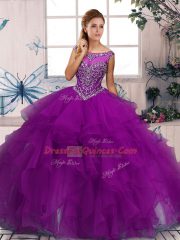 Dynamic Purple Ball Gowns Scoop Sleeveless Organza Floor Length Zipper Beading and Ruffles Ball Gown Prom Dress