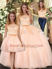 Noble Peach Scoop Zipper Lace Vestidos de Quinceanera Sleeveless