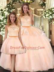Noble Peach Scoop Zipper Lace Vestidos de Quinceanera Sleeveless