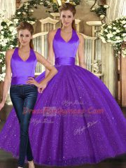 Most Popular Two Pieces Quince Ball Gowns Purple Halter Top Sequined Sleeveless Floor Length Lace Up
