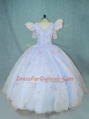 Light Blue Ball Gowns Organza V-neck Short Sleeves Beading Floor Length Zipper Sweet 16 Quinceanera Dress