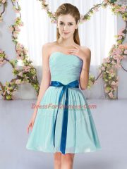 Chic Sleeveless Mini Length Belt Lace Up Quinceanera Dama Dress with Aqua Blue