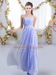 Lavender Strapless Neckline Beading Vestidos de Damas Sleeveless Lace Up