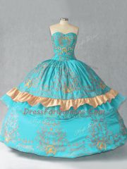 Sweetheart Sleeveless 15th Birthday Dress Floor Length Embroidery and Bowknot Aqua Blue Satin and Organza