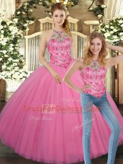 Luxurious Ball Gowns Quinceanera Dresses Rose Pink Halter Top Tulle Sleeveless Floor Length Lace Up