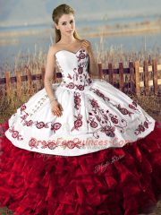 Free and Easy Red Ball Gowns Organza Sweetheart Sleeveless Embroidery and Ruffles Floor Length Lace Up 15 Quinceanera Dress