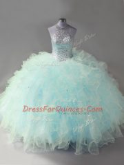 Adorable Floor Length Lace Up Quinceanera Gown Light Blue for Sweet 16 and Quinceanera with Beading and Ruffles
