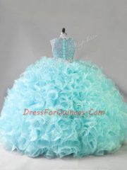 Sophisticated Blue Zipper 15th Birthday Dress Beading Sleeveless Floor Length