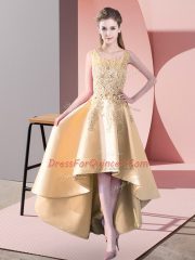 High Class Sleeveless Satin High Low Zipper Quinceanera Court of Honor Dress in Gold with Lace