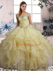 Yellow Lace Up Quinceanera Gowns Beading and Ruffles Sleeveless Floor Length