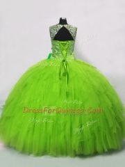 Glorious Tulle Lace Up Straps Sleeveless Floor Length Ball Gown Prom Dress Beading and Ruffles