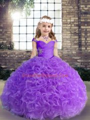 Straps Sleeveless Pageant Gowns Floor Length Beading and Ruching Purple Fabric With Rolling Flowers